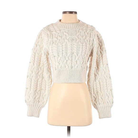 ZARA Solid Ivory Cable Knit Crop Faux Pearl Sweater - S - Picture 1 of 2
